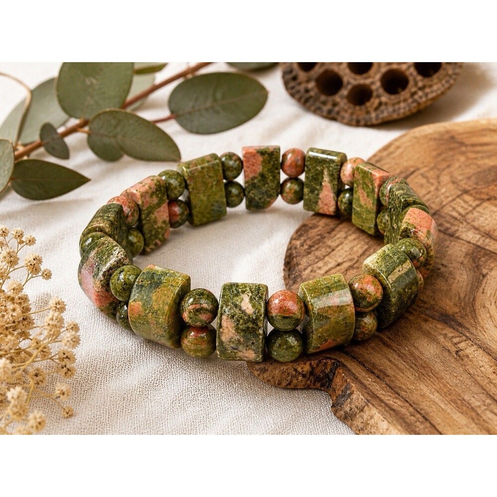 Vintage Unakite Stone Bracelet Chunky Beaded Stretch Green Peach Boho Earthy